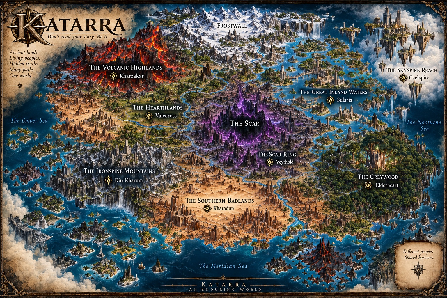 Map of Katarra showing its major regions and homeland cities